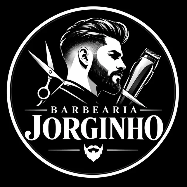 Emblema da Barbearia Jorginho: barbeiro de perfil com tesoura e máquina